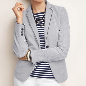 TALBOTS Piped Striped Blazer Jacket Size 14 Blue White Preppy Old Money Polished